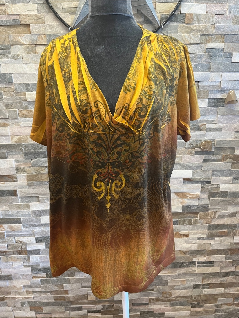 Cato Baroque-Print Draped V-Neck Tunic in Mustard and Brown